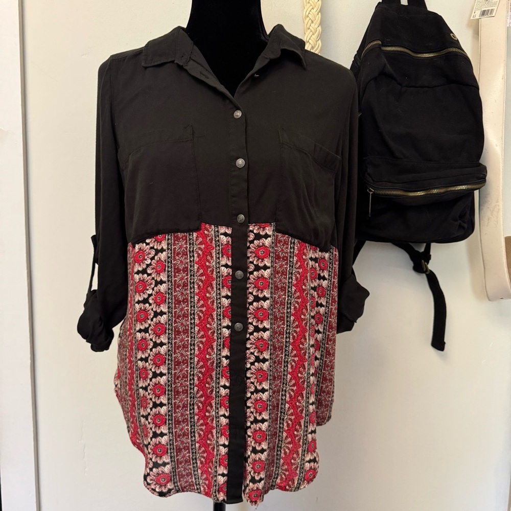 Free People Welcome to the Jungle Mixed Print Button Down Tunic Top M